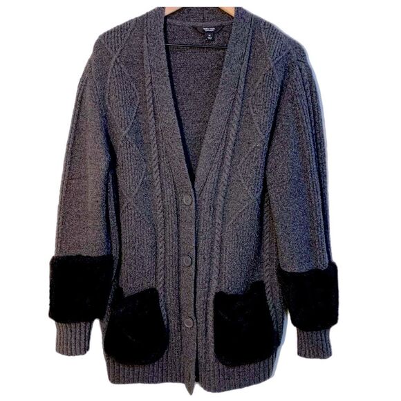 Simply Vera Sky Captain Coatigan Cardigan Gray Black Faux Fur Women’s M. - Picture 1 of 15